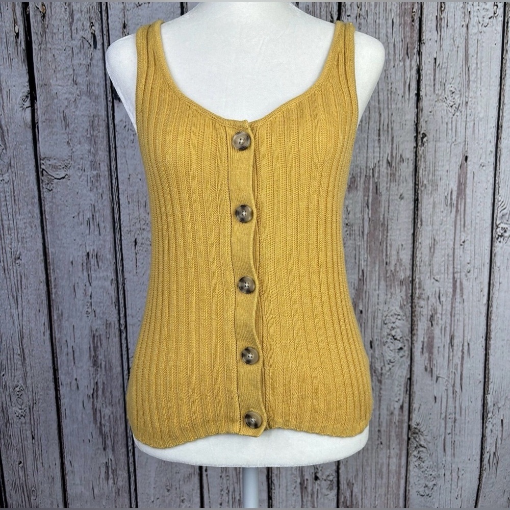 American Eagle 70s Boho Chic Sz Large Button Front Yellow Ribbed Sweater Crop - Picture 1 of 13